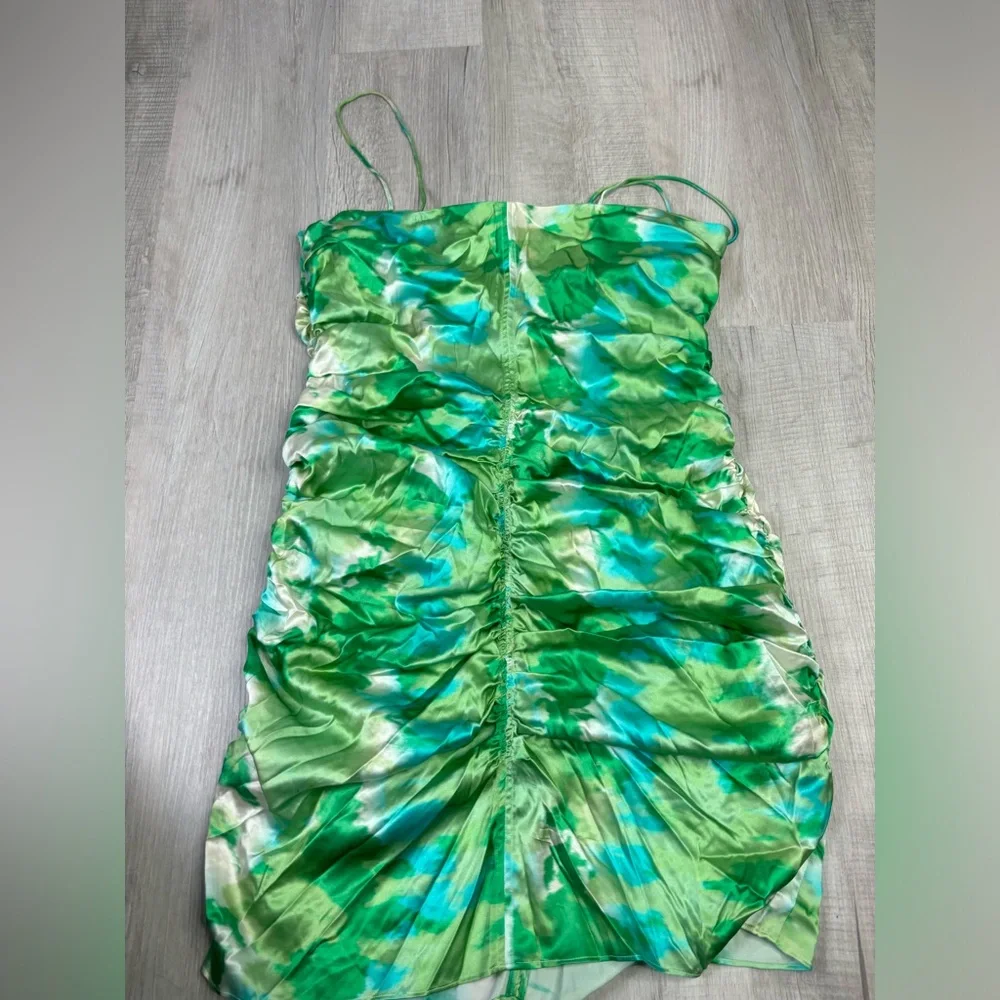 GANNI Silk Stretch Satin Ruched Mini Dress Lily Green Size 44 or US Large - Picture 15 of 16